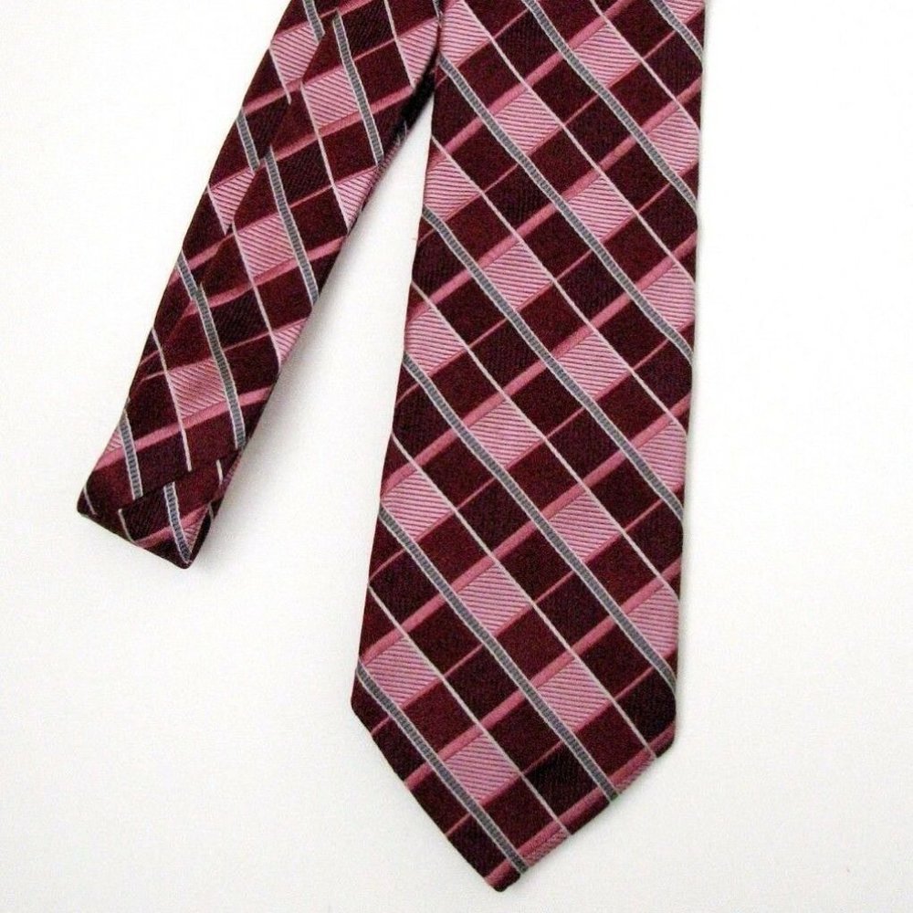Michael Kors Necktie Burgundy Pink Gray Plaid 100% Silk Made in USA